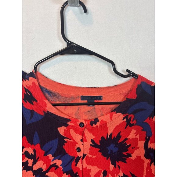 Tommy Hilfiger Womens Floral Cardigan Sweater L/G Red & Blue Cotton Blend Made I - Picture 3 of 10